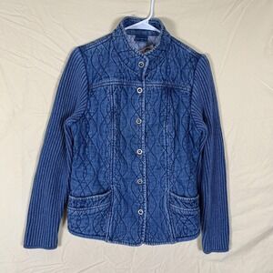 Blue Willi's Jacket Womens Medium Blue Quilted Denim Knit Sleeve Snap Front